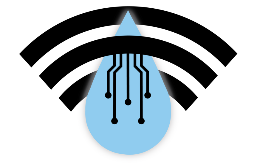 drawing of a drop of water with computer circuits and surrounded by the wifi symbol