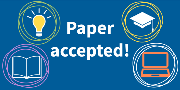 text "Paper Accepted!" surrounded by illustrations of a lightbulb, a graduation cap, an open book and an open laptop
