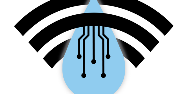 drawing of a drop of water with computer circuits and surrounded by the wifi symbol