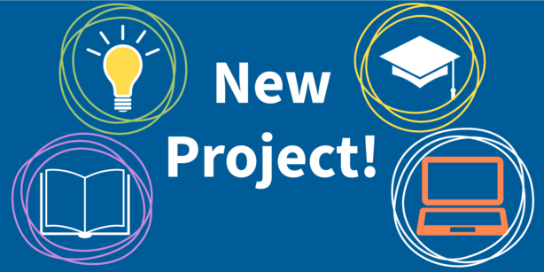 text 'New Project!' surrounded by illustrations of a lightbulb, a graduation cap, an open book and an open laptop